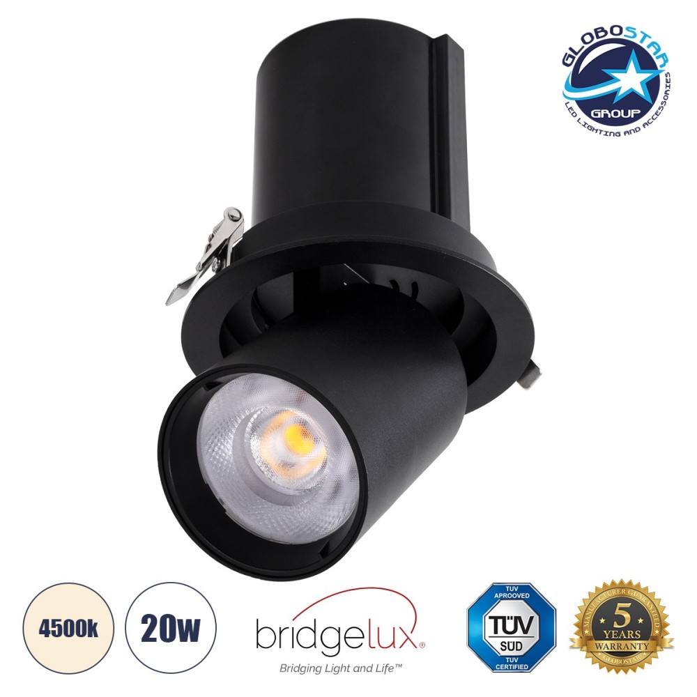 GLOBOSTAR® VIRGO-B 60312 Χωνευτό Κινούμενο Downlight Σποτ LED 20W 2600lm 36° AC 220-240V IP20 Φυσικό Λευκό 4500K - Bridgelux COB Chip & TÜV SÜD Driver - Μαύρο Ματ - Μ13.5 x Π13.5 x Υ14cm - Q11.5cm - 5 Χρόνια Εγγύηση